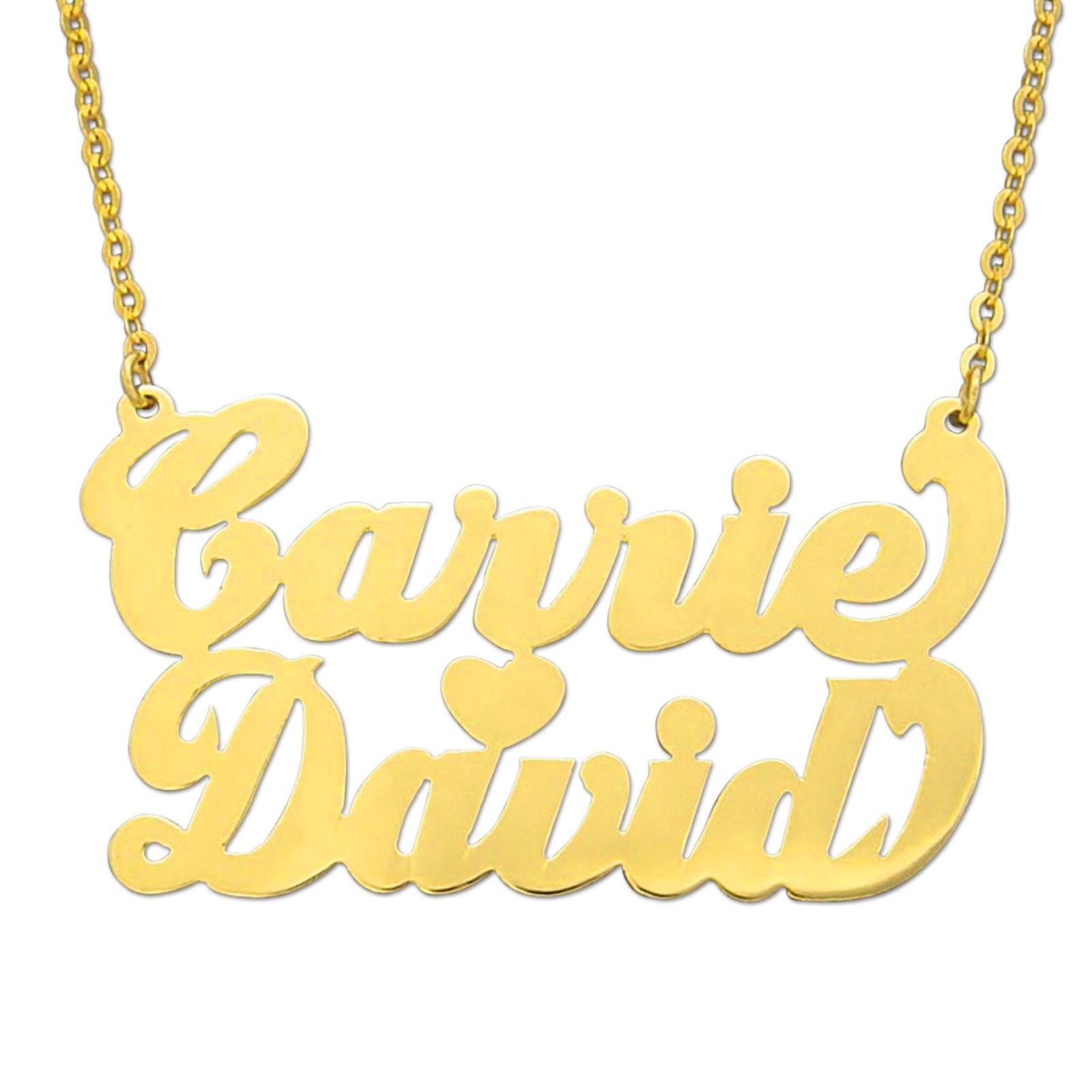 Graphic sample showing the custom cursive font layout and center heart connection for the double name necklace.