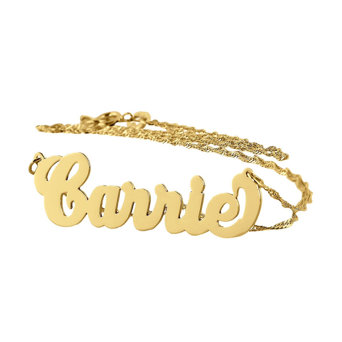Handcrafted small yellow gold cursive Carrie name pendant made in Los Angeles