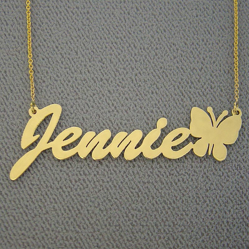 Layered solid gold butterfly personalized name necklace close-up view