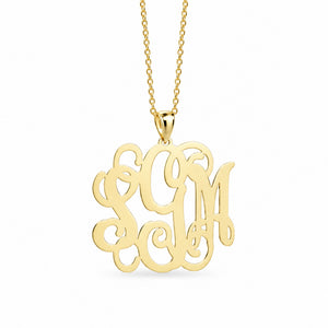 Personalized 10k gold 3-letter initial necklace showcasing traditional monogram formatting.