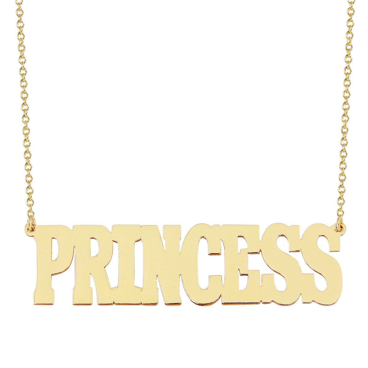 14k yellow gold personalized block letter nameplate necklace spelling PRINCESS on a delicate gold chain.