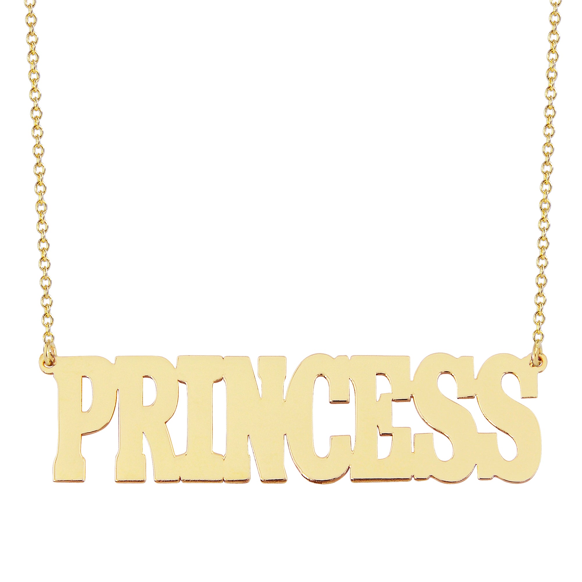 14k yellow gold personalized block letter nameplate necklace spelling PRINCESS on a delicate gold chain.