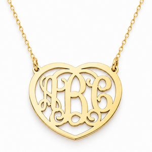 Personalized 3-initial heart monogram necklace in solid 10K or 14K gold with chain