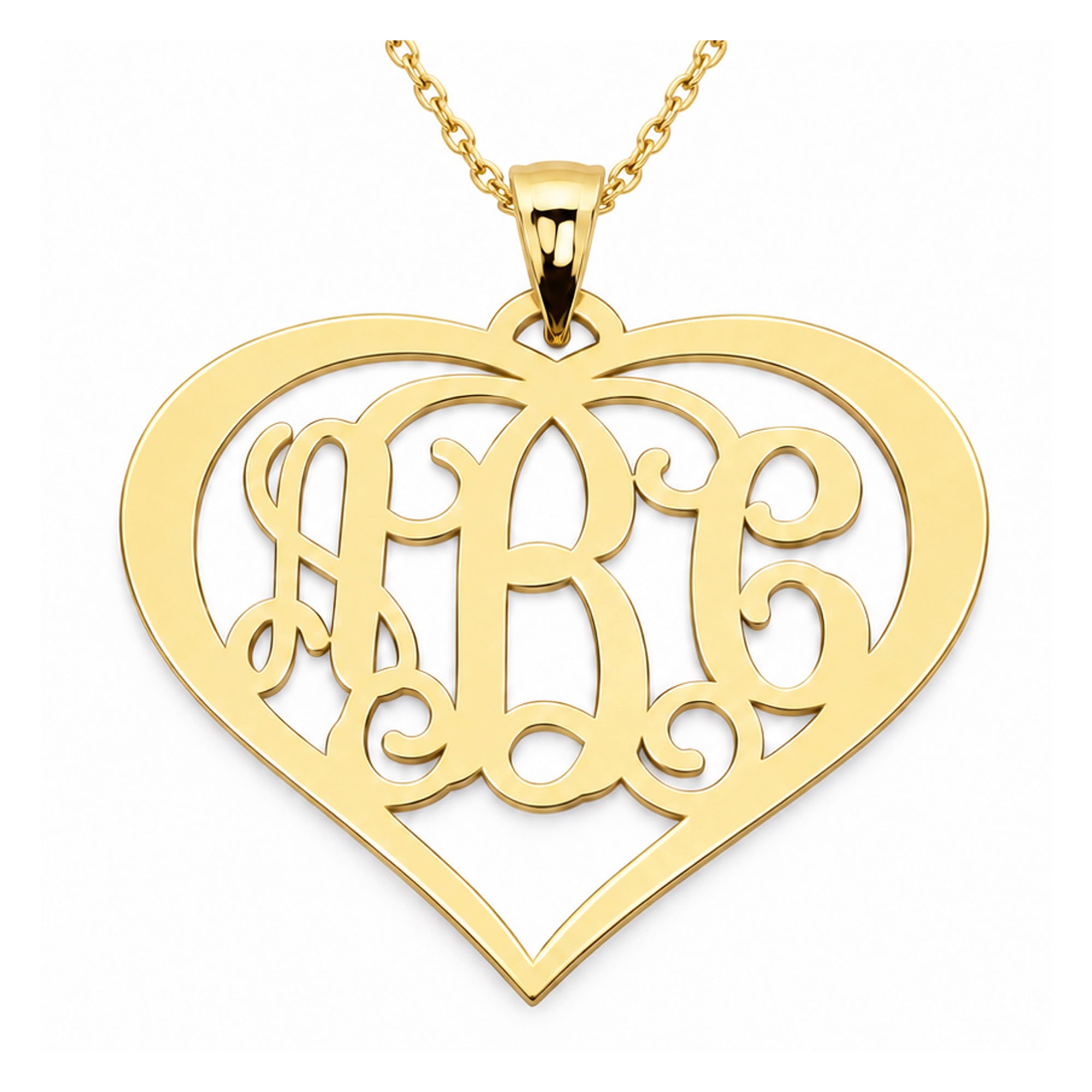 Personalized 3-initial heart monogram necklace in solid 10k or 14k yellow gold