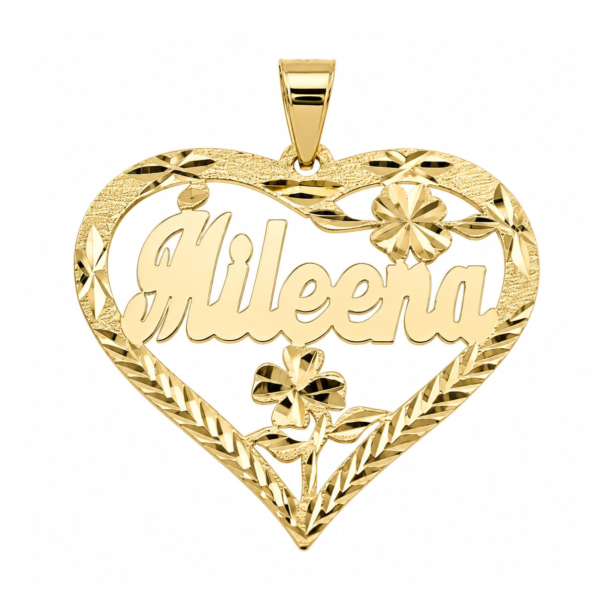 Personalized yellow gold heart pendant with Mileena script, diamond-cut flowers and a leaf-patterned border on white.