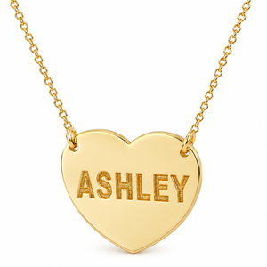 Personalized solid gold heart necklace engraved with ASHLEY on a split Rollo chain