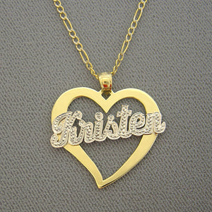 Personalized gold name heart pendant displayed in a complimentary jewelry gift