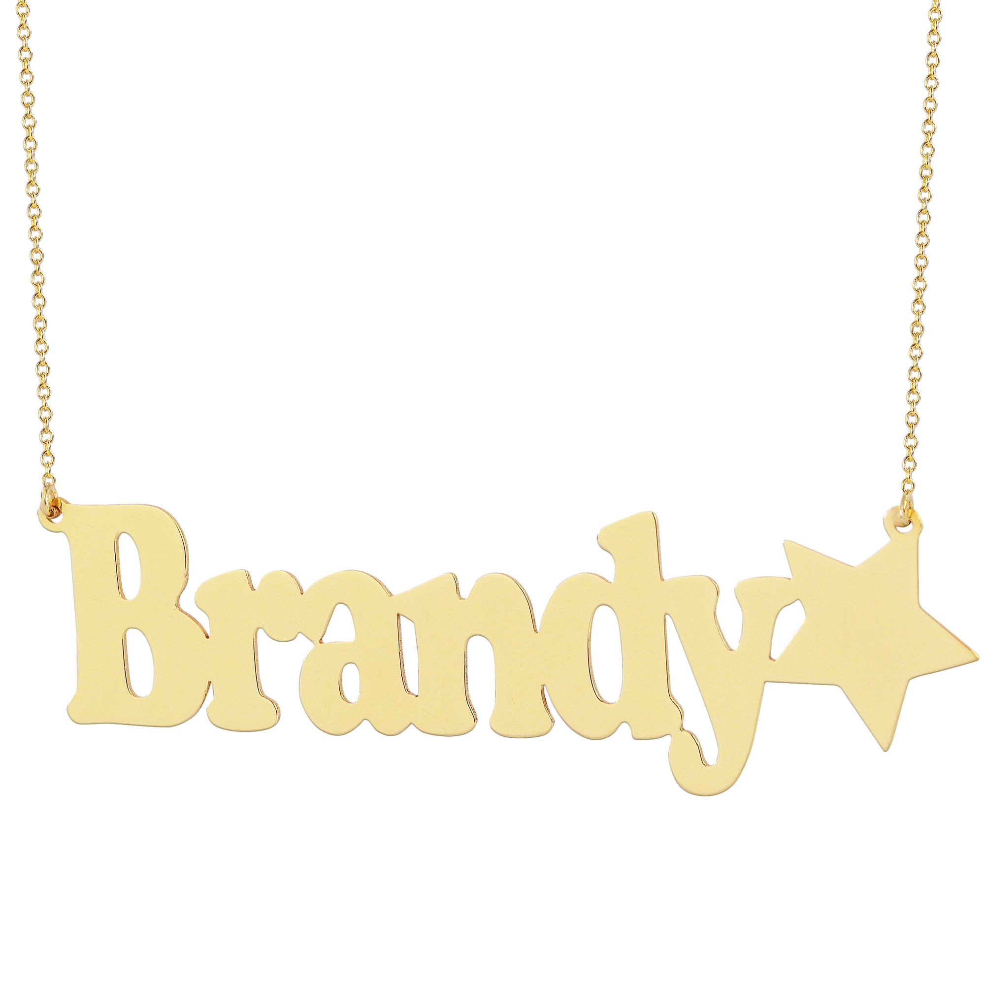 Close-up of a laser-cut polished solid gold nameplate necklace featuring the name Brandy with a star detail.
