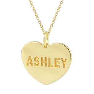 Personalized yellow gold heart charm pendant engraved ASHLEY on a delicate rolo chain