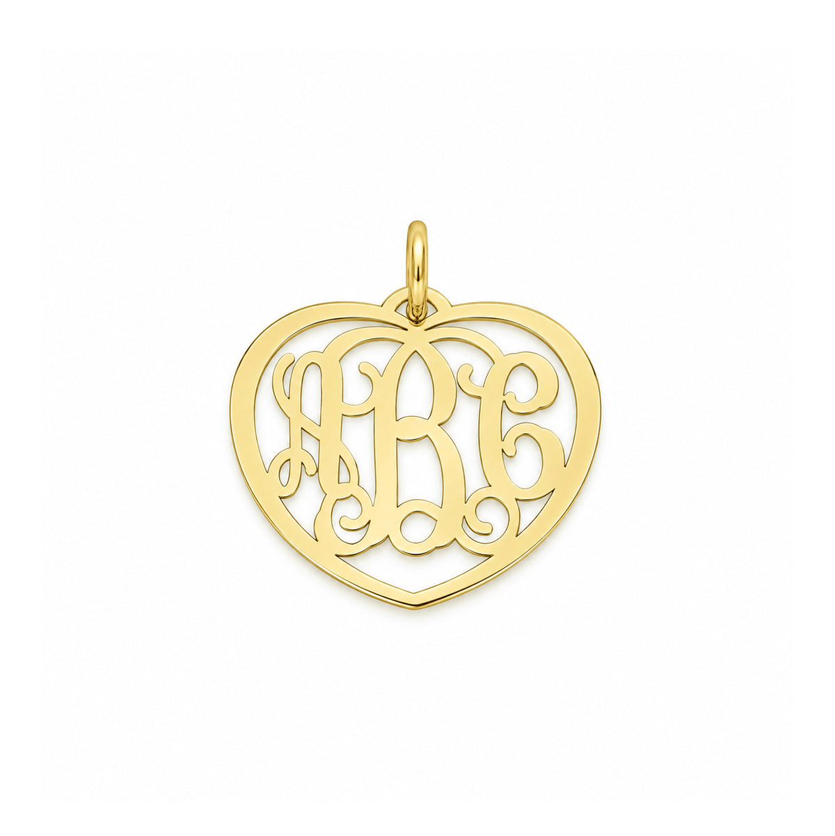 Small 10k or 14k yellow gold heart pendant with a three-initial cutout monogram on a white background.