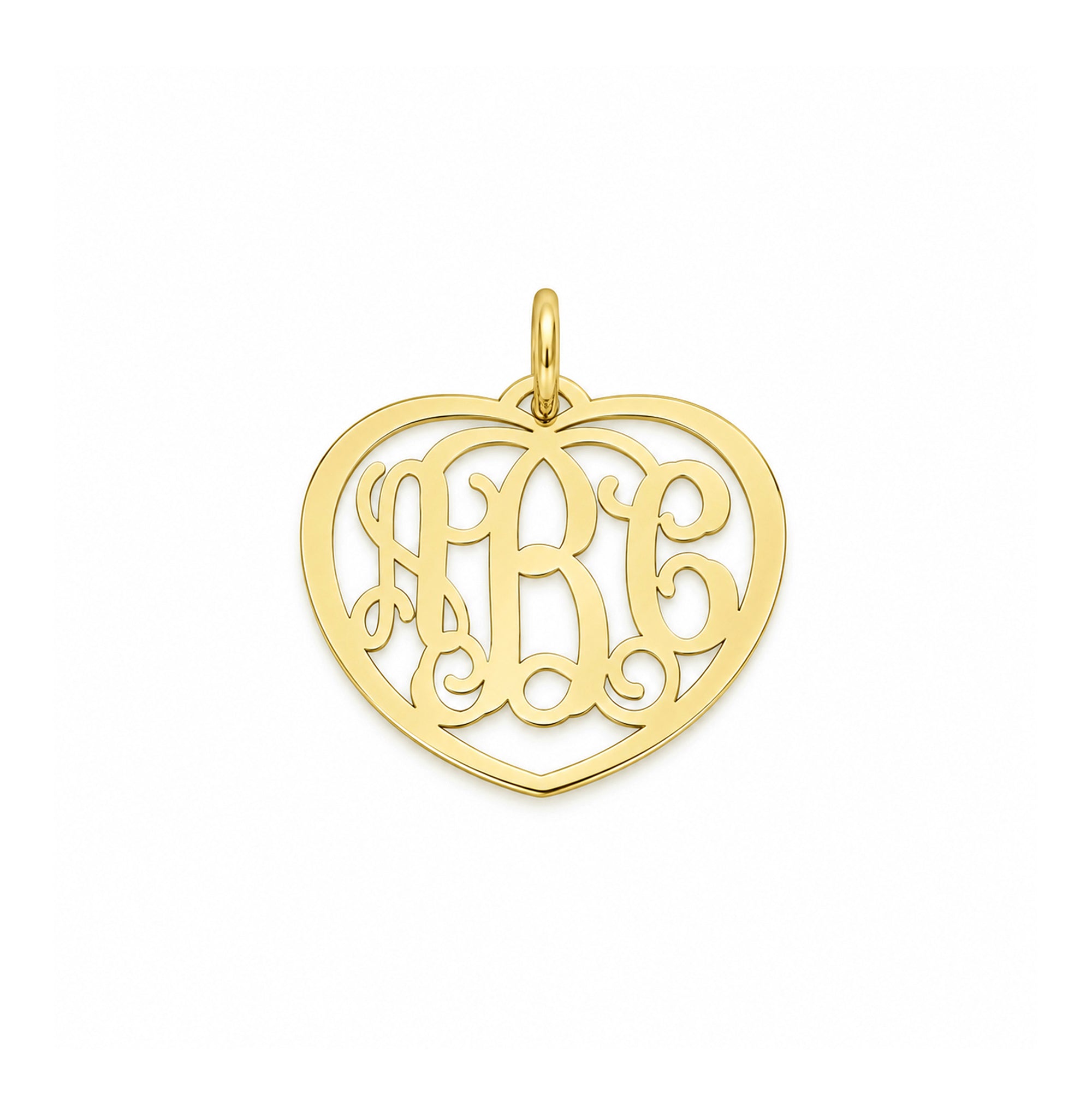 Small 10k or 14k yellow gold heart pendant with a three-initial cutout monogram on a white background.