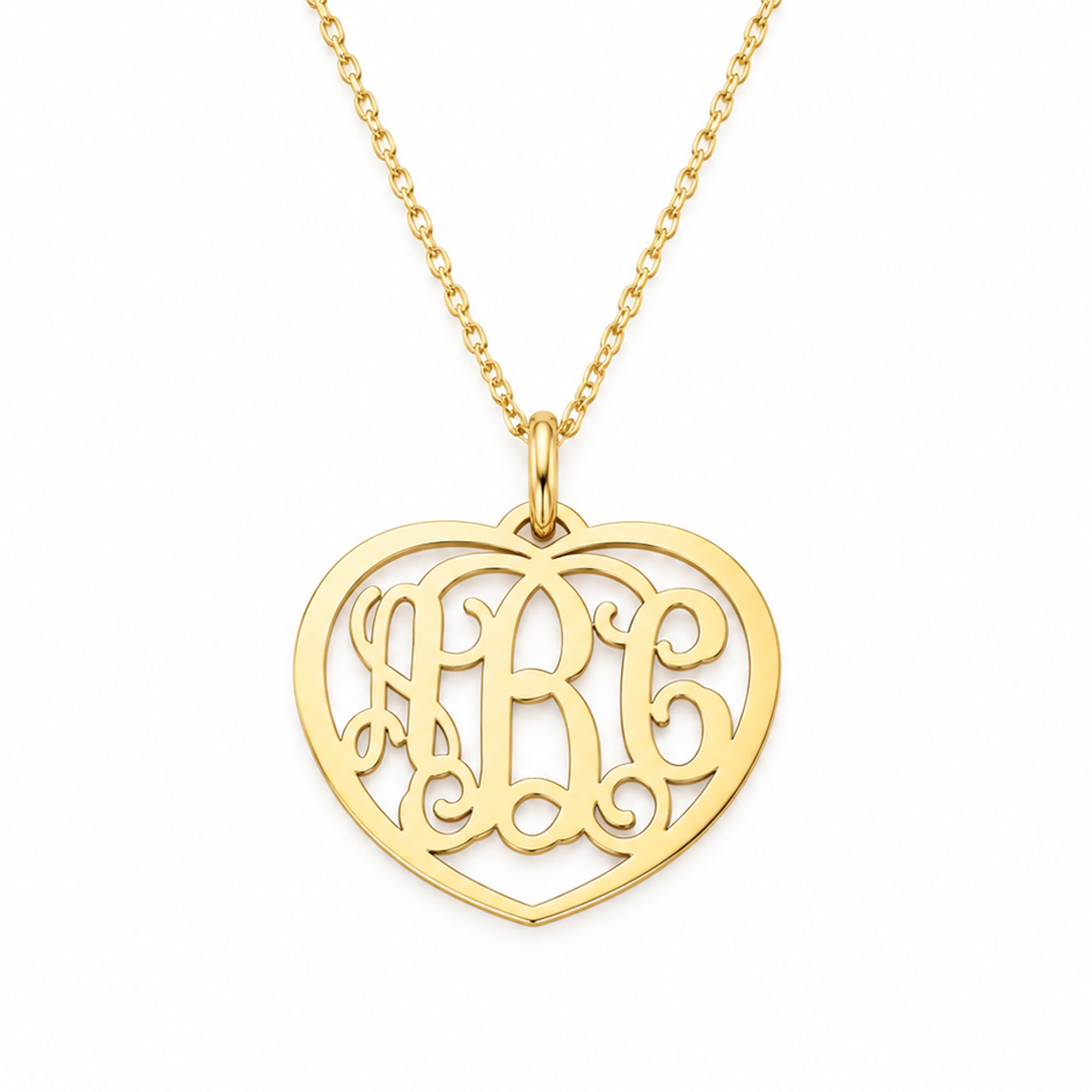 Small 10k or 14k solid gold heart monogram pendant with three custom initials on a gold chain.