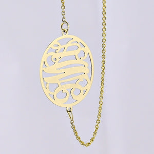 Small gold three-initial circle monogram necklace on a fine chain