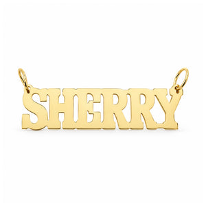 SHERRY personalized yellow gold block-letter name pendant on a white background.