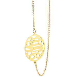 Small solid gold sideway circle pendant necklace with three-initial monogram