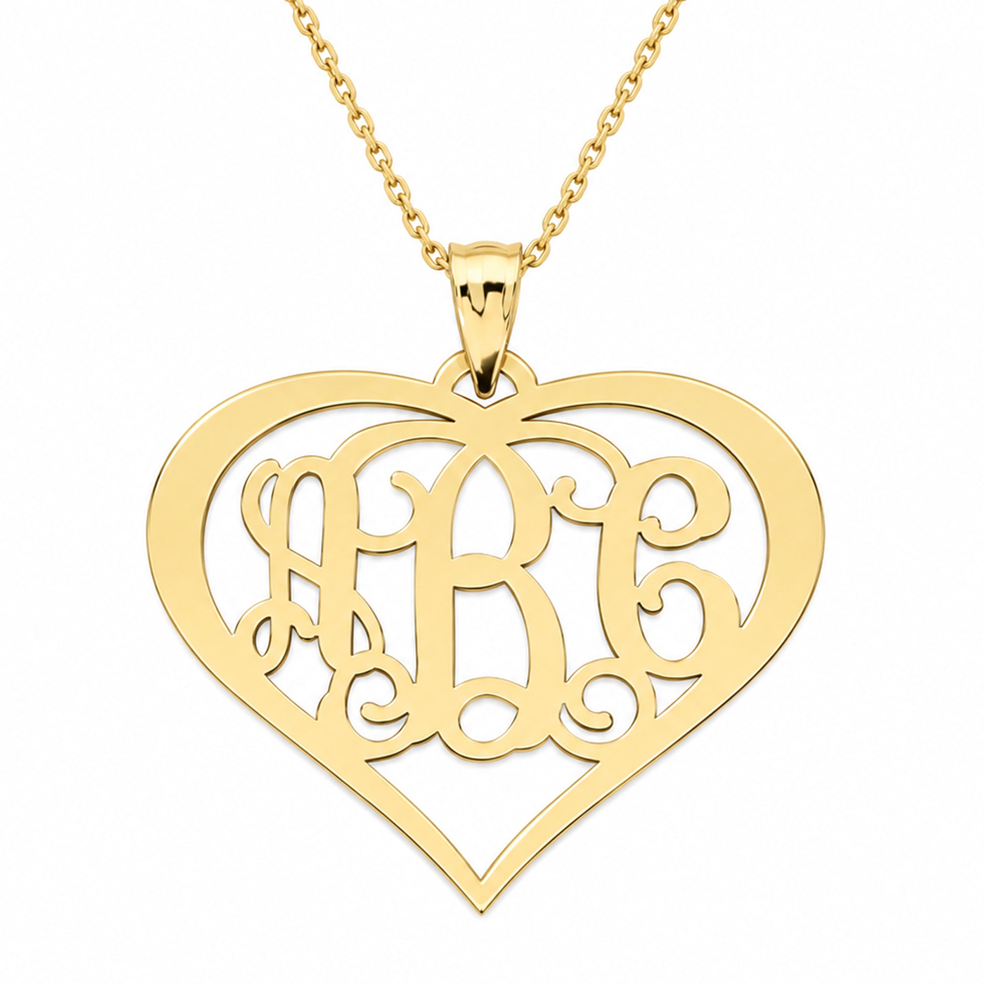 Custom yellow gold 3-initial heart monogram necklace on chain