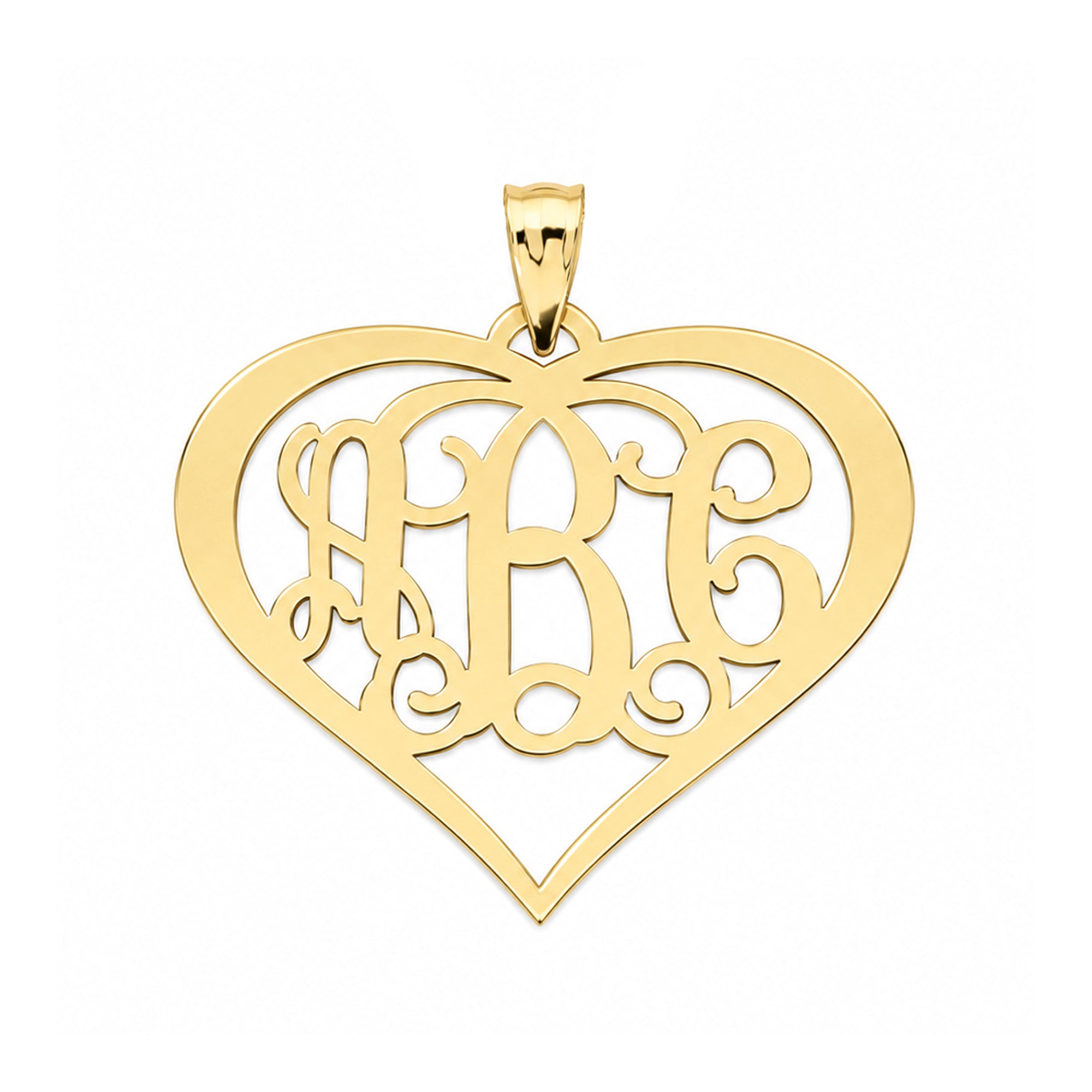 Solid yellow gold 3-initial heart monogram pendant