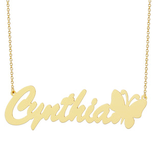 Solid gold nameplate necklace spelling Cynthia in script font with a butterfly accent