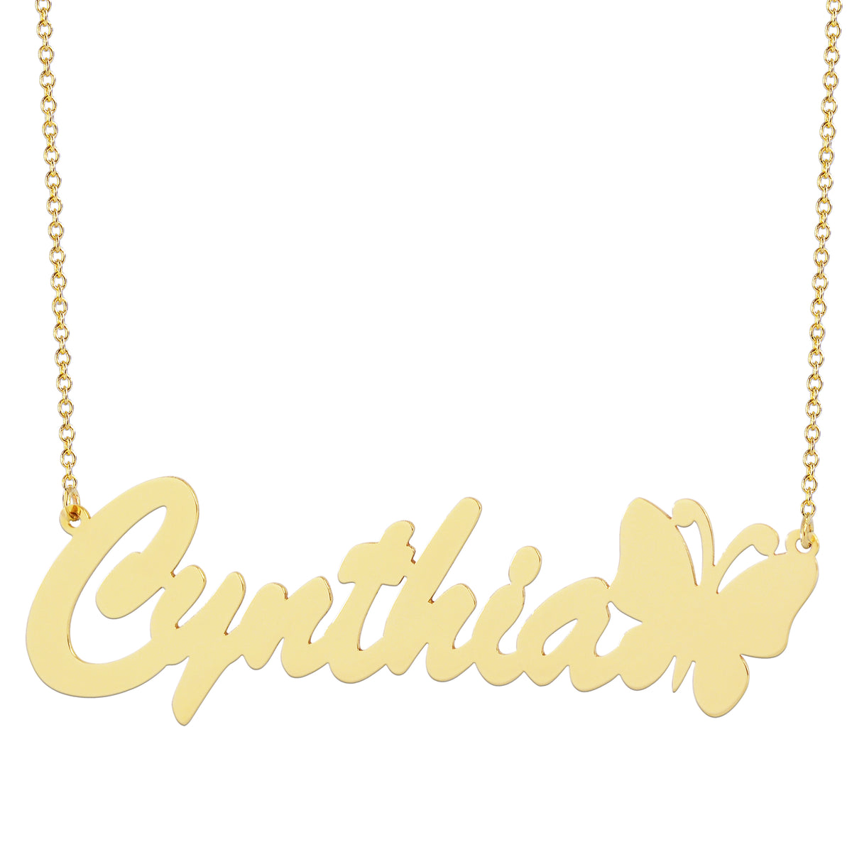 Solid gold nameplate necklace spelling Cynthia in script font with a butterfly accent