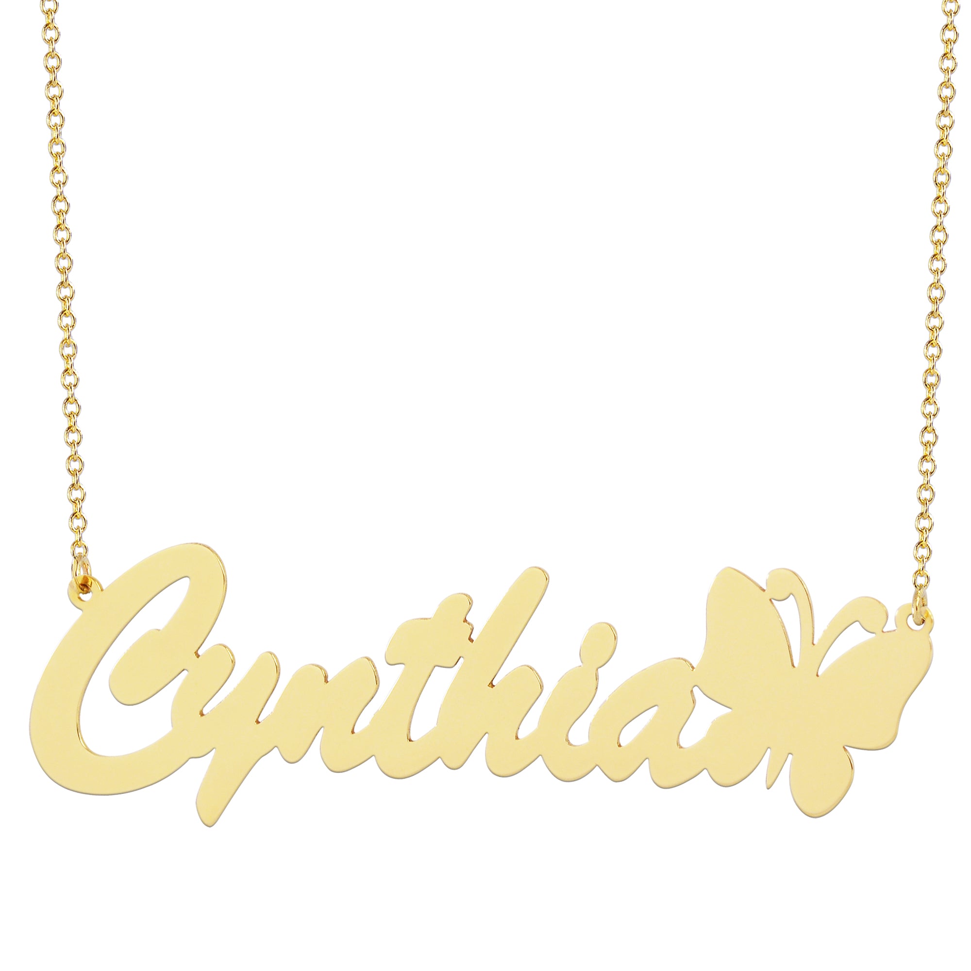 Solid gold nameplate necklace spelling Cynthia in script font with a butterfly accent