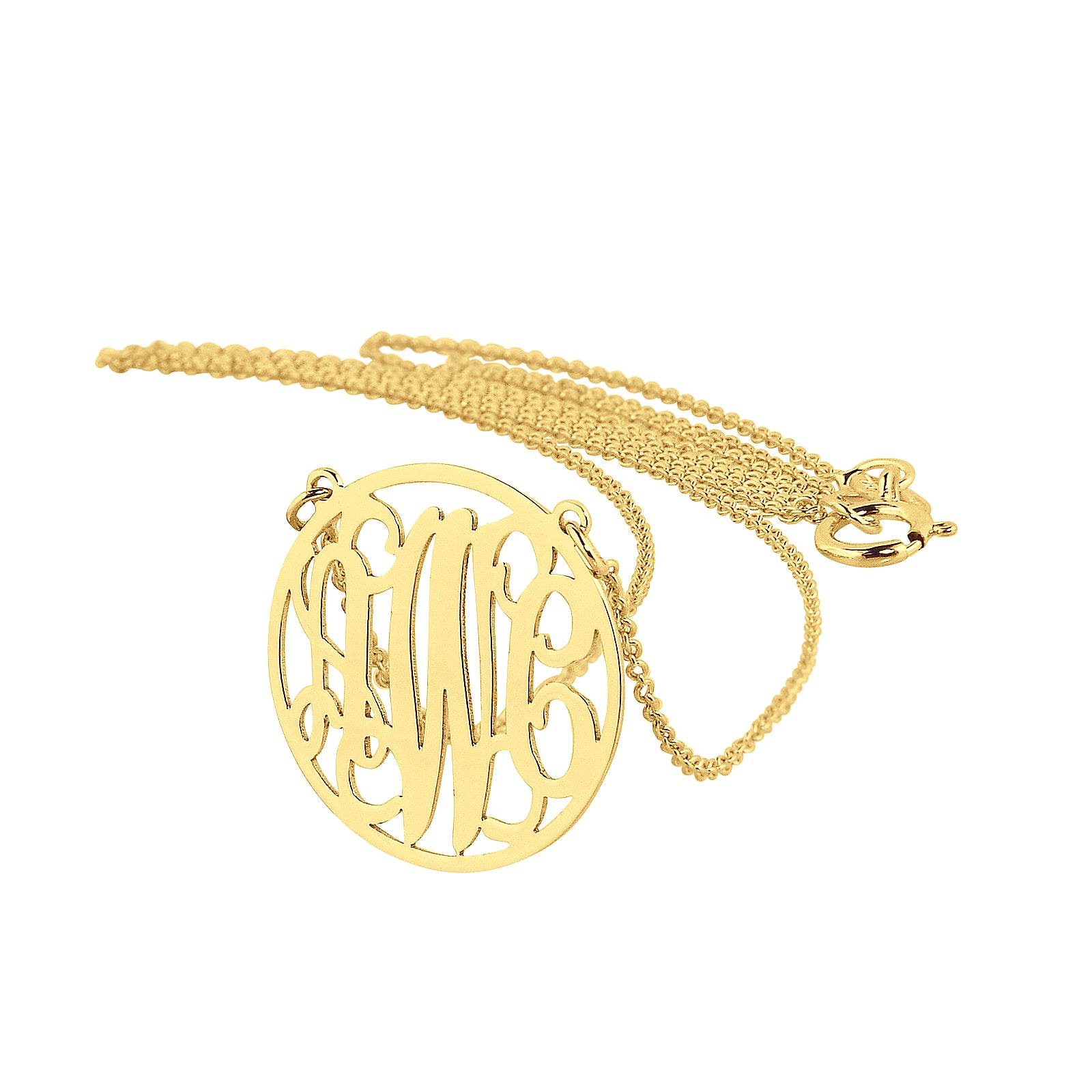 Personalized solid gold circle monogram necklace with a three-initial pendant and matching chain.