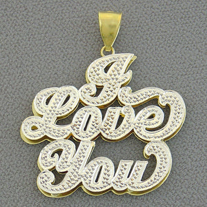 Solid 10k or 14k gold double plate I Love You 3D pendant with white-tone diamond accents and pave finish