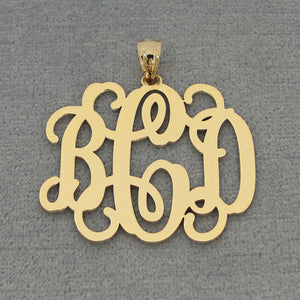 solid gold monogram charm featuring elegant cursive script.