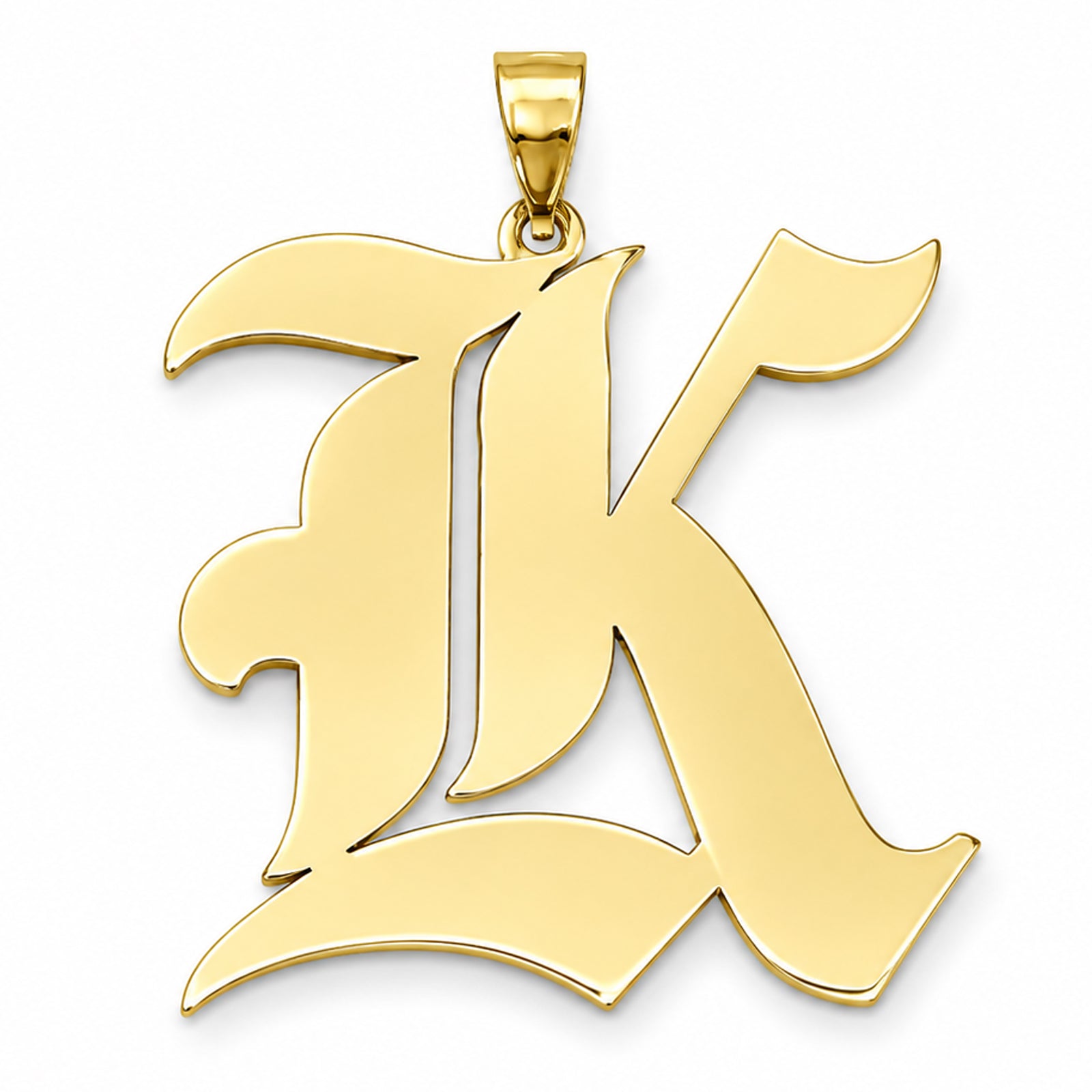 Solid 10k or 14k yellow gold Old English letter K initial pendant charm with a high-polish finish isolated on a white background.