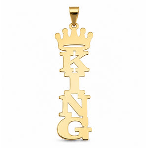 Solid gold vertical KING nameplate pendant with crown and polished bail on a white background