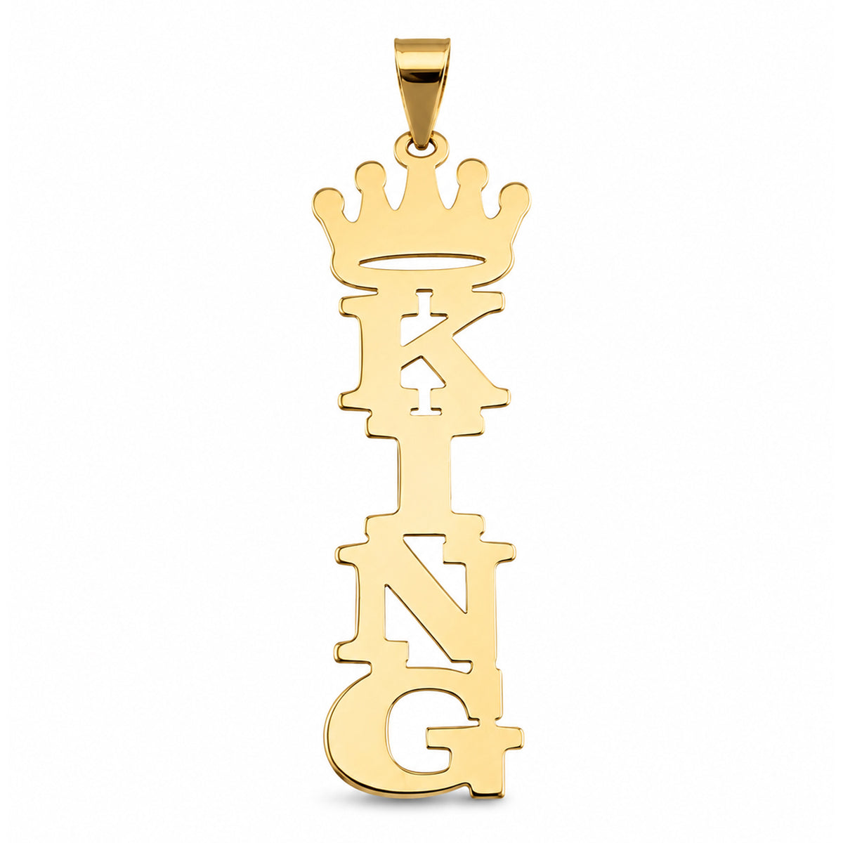 Solid gold vertical KING nameplate pendant with crown and polished bail on a white background