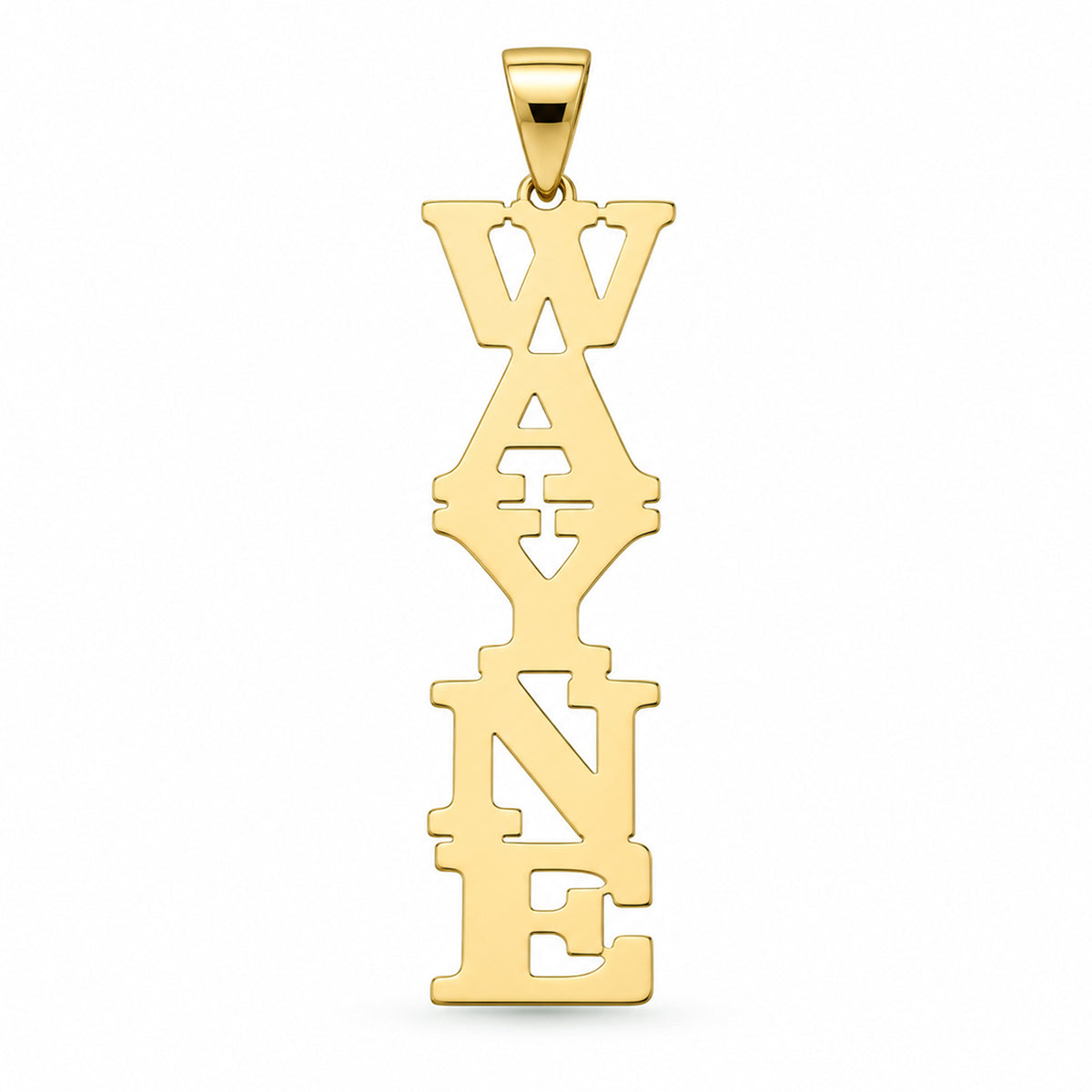 Solid yellow gold vertical block letter nameplate pendant spelling WAYNE, front view.