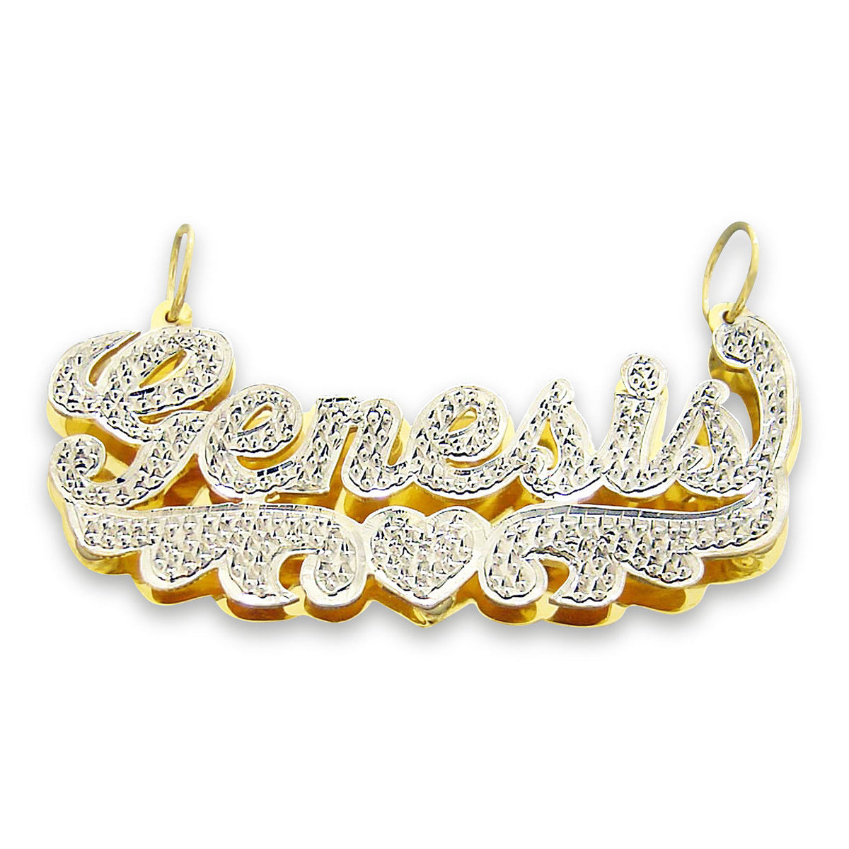 10k yellow gold personalized 3D double plate name pendant with iced-out diamond accents, angel wings, and a center heart design.
