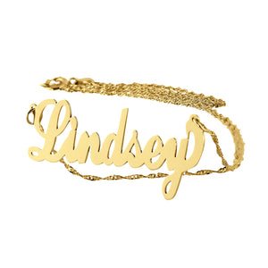 Custom 14k solid gold script name necklace spelling Lindsey on a gold chain