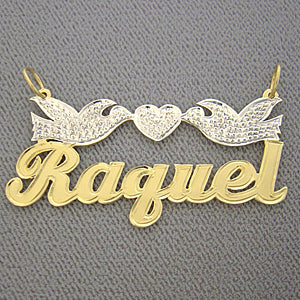 Personalized Gold Name with doves Pendant Two Tone Charm NT43
