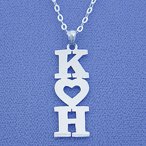 Silver Personalized Initials Vertical Pendant Necklace w-Heart SI40