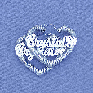 Silver Heart Bamboo Personalized Name butterfly Earrings 2 Inch SB57