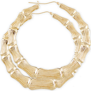 10K yellow gold round bamboo hoop earrings 3 3/8 inch extra large doorknocker hoops