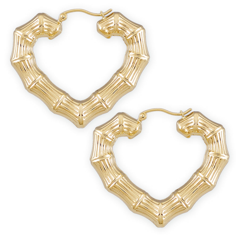 10k or 14k yellow gold heart bamboo doorknocker hoop earrings 1.5 inches wide