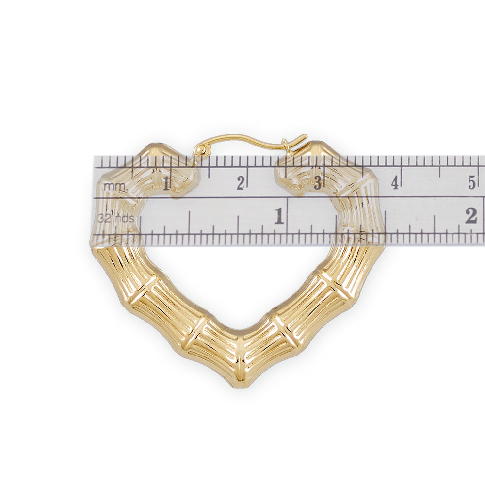 Puffed hollow skinny heart bamboo hoop earrings with secure clip latch enclosure