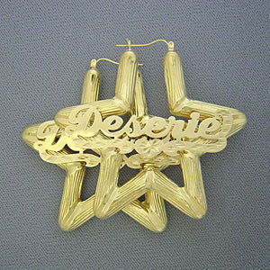 10K solid yellow gold star bamboo personalized name hoop earrings, 2.5 inch