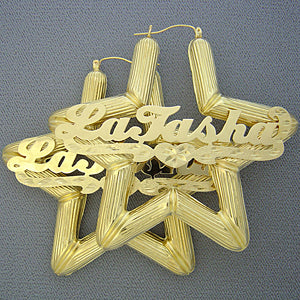 3-inch 10K solid yellow gold star bamboo personalized name hoop earrings