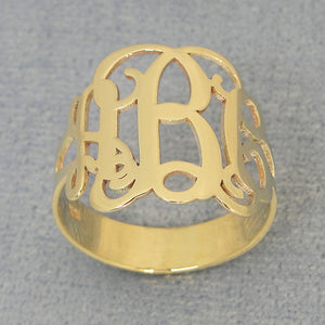Close-up detail of solid gold script monogram ring center initial
