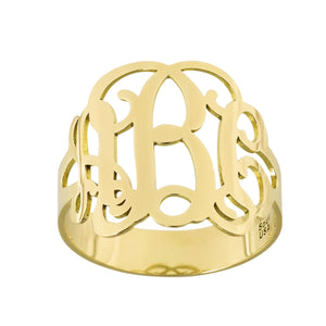 Solid 10k or 14k gold personalized 3-initial monogram ring with classic script font