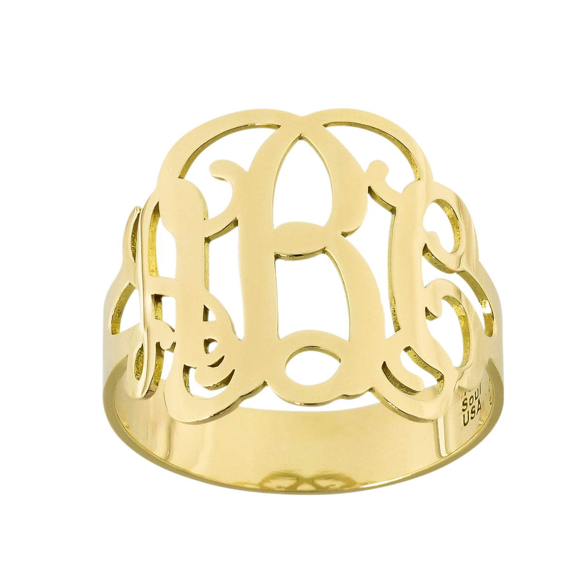 Solid 10k or 14k gold personalized 3-initial monogram ring with classic script font