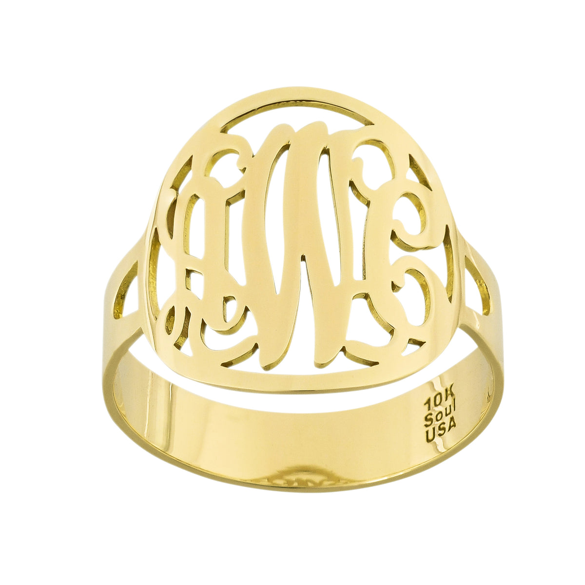 Solid 10K or 14K yellow gold 3-initial circle monogram ring featuring precision laser-cut script lettering.