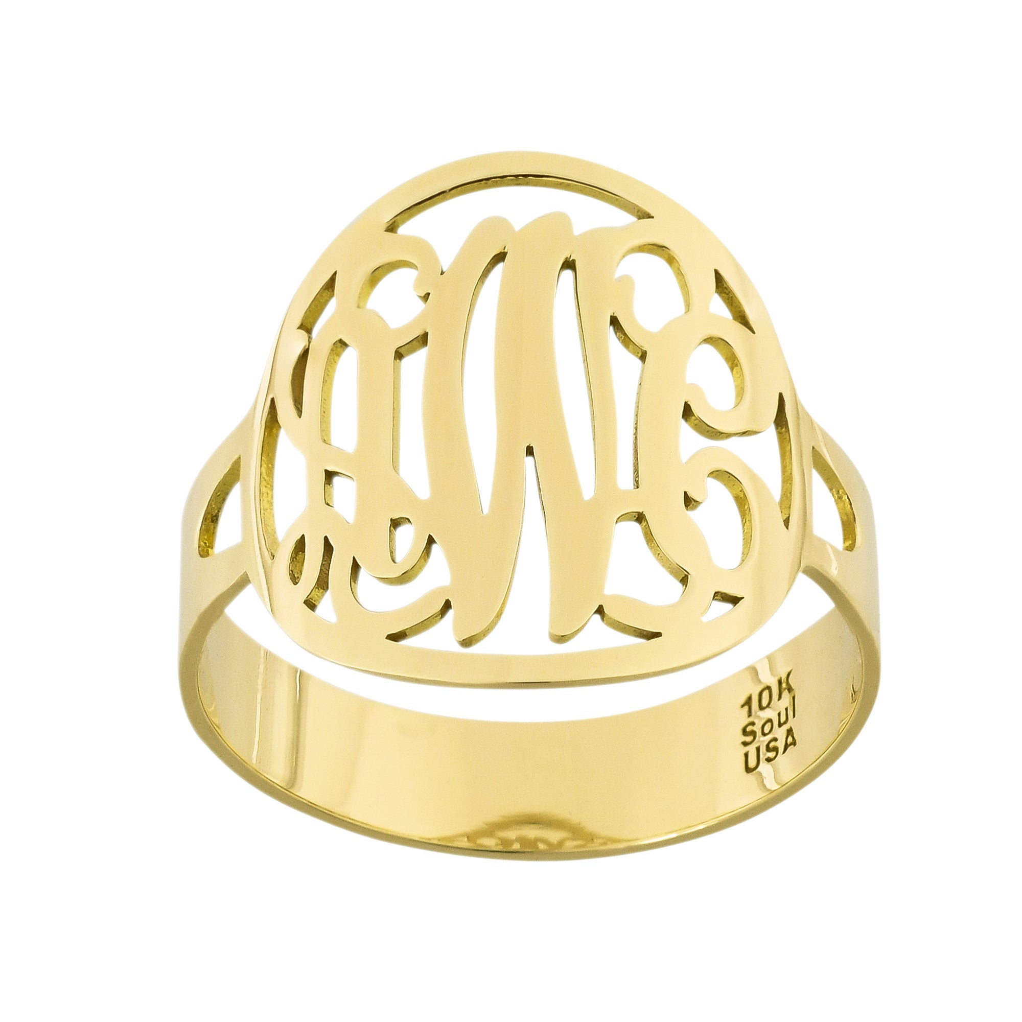 Solid 10K or 14K yellow gold 3-initial circle monogram ring featuring precision laser-cut script lettering.
