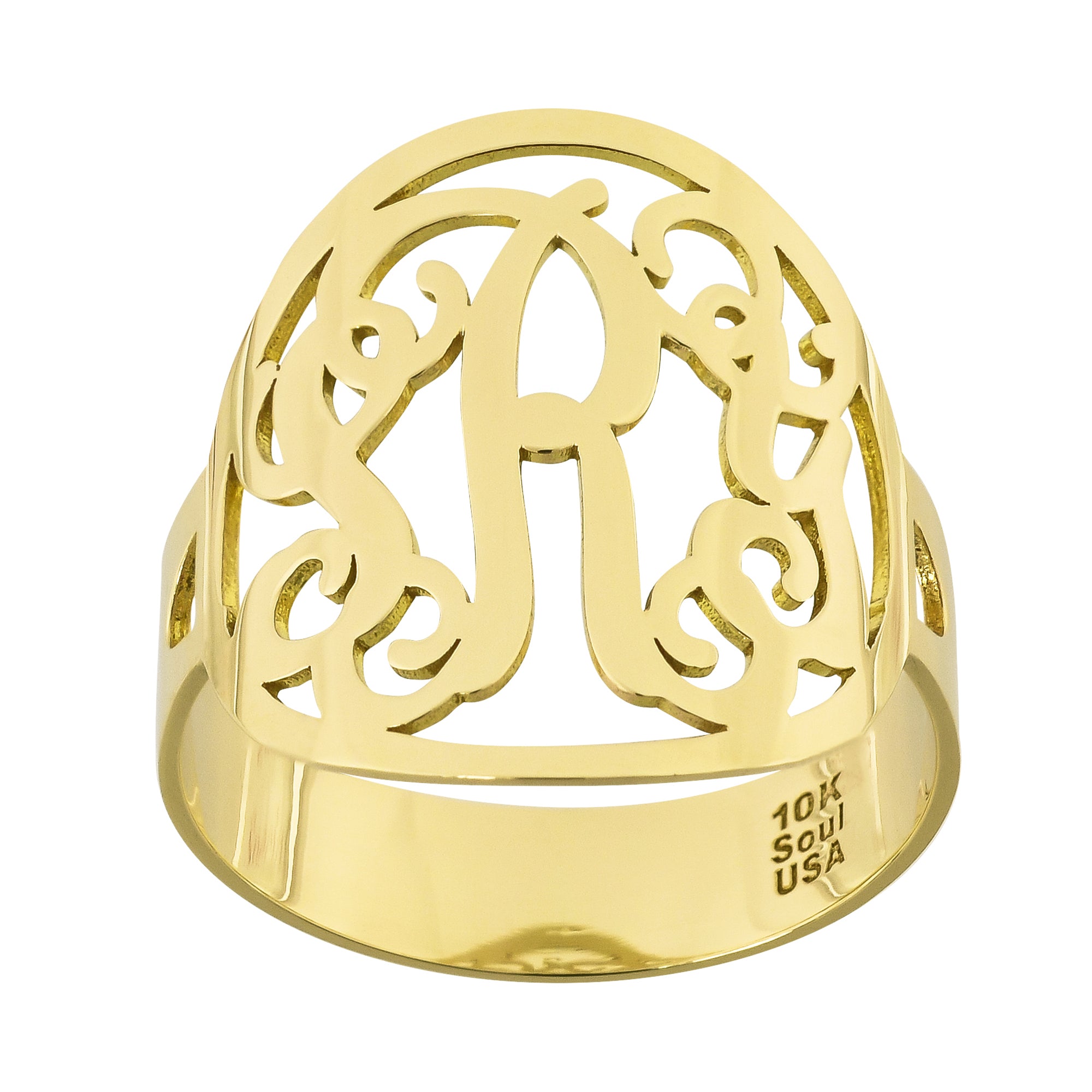Solid 10k yellow gold 3-initial circle monogram ring with laser-cut initials