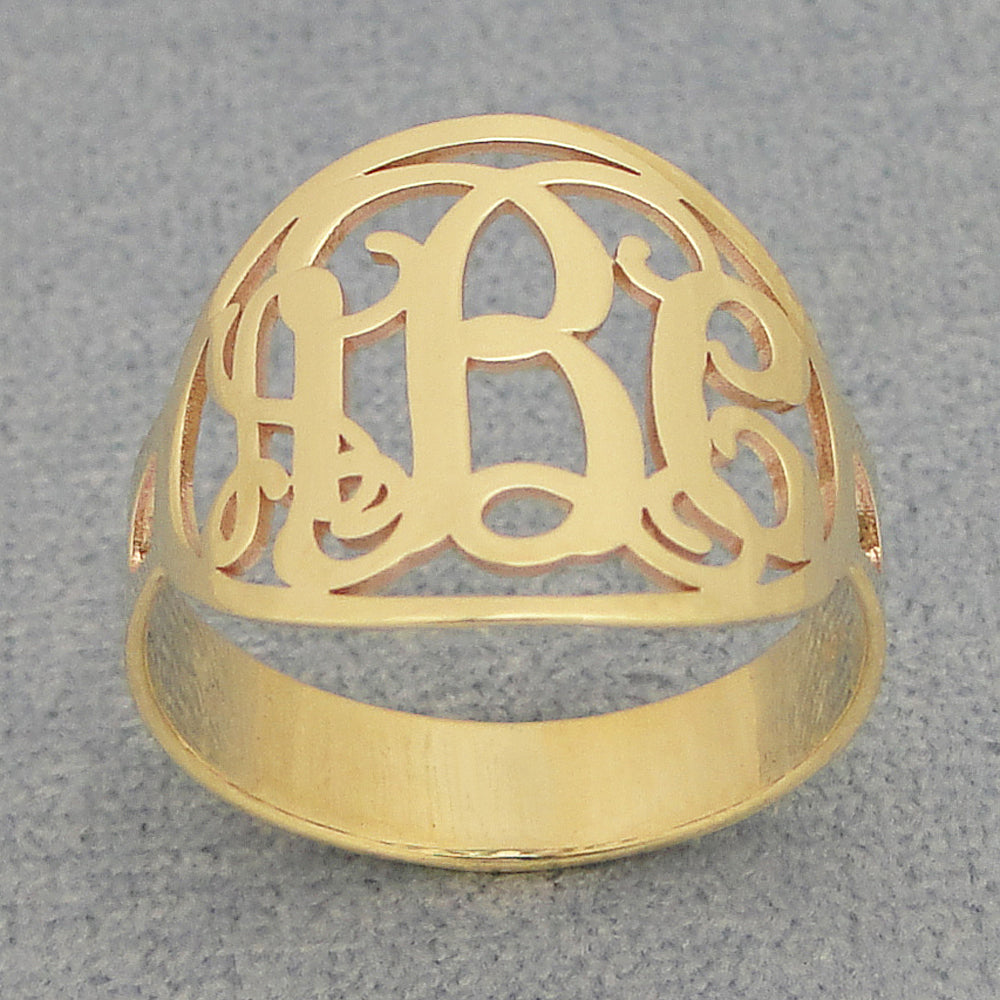 Custom laser-cut 3 initial gold monogram ring detail