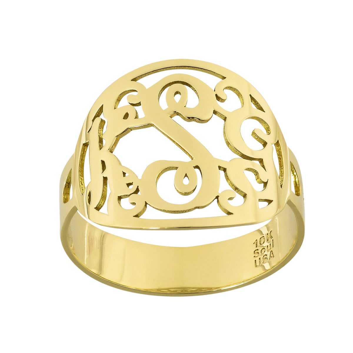 Personalized 3 initial monogram ellipse ring in solid 10k yellow gold