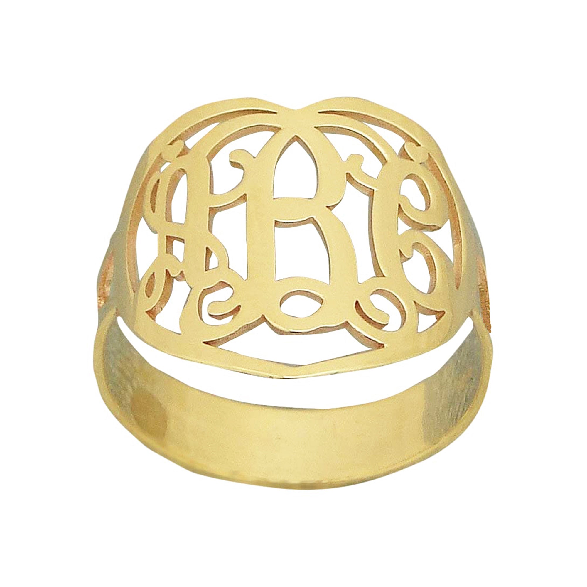 Solid 10k or 14k gold 3-initial heart monogram ring in high-polish yellow gold
